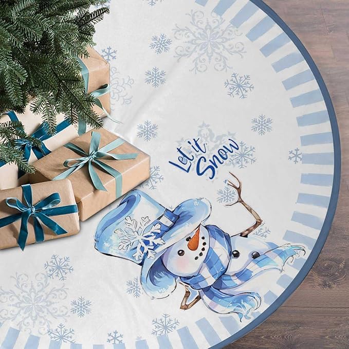Let It Snow Snowman Christmas Tree Skirt 36 Inches, Blue Snowflake Tree Skirt, Winter Xmas Tree Mat for Home Party Holiday Indoor Outdoor Decorations (Blue, 36in)