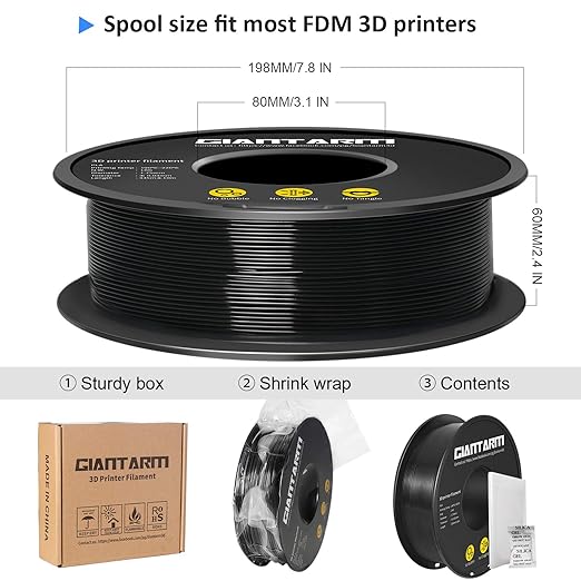 GIANTARM 3D Printer Filament, Black Pla Filament, 1Kg(2.2lbs) Spool, 1.75mm Dimension Accuracy +/- 0.03mm, 3D Printing Filament, Dark Black