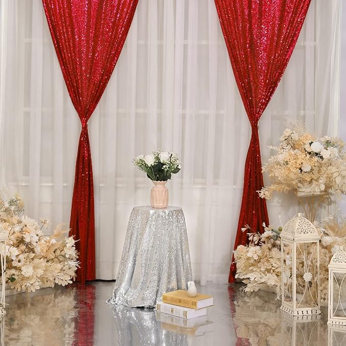 Poise3EHome Red Sequin Backdrop Curtain,4 Pieces 3FT x 8FT Glitter Panels for Christmas Wedding Party Background Decoration