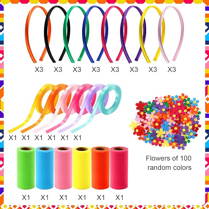 Canlierr 24 Pcs Rainbow Headbands 6 Tulle Mesh Fabric Rolls 100 Felt Flowers Embellishments for DIY Crafts 6 Colorful Satin Roll Ribbons for DIY Headbands Halloween Party Decoration
