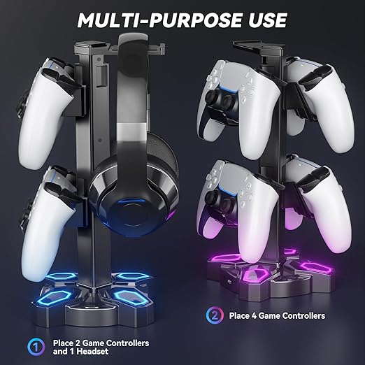 KDD Gaming Headphones Stand, Rotatable Headset Stand with Light Modes - Controller Holder with 2 USB Charging Ports and 3.5mm - Earphone Hanger Accessories for Desktop Gamer(Black)