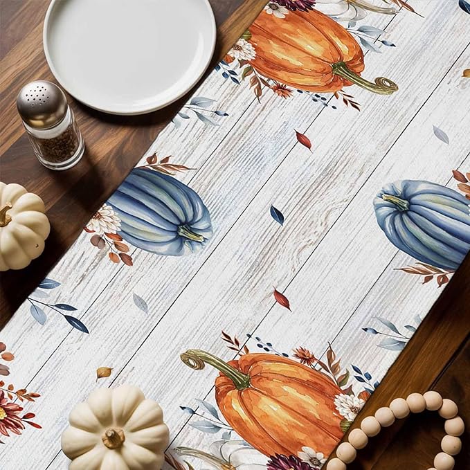 Thanksgiving Fall Cotton Linen Table Runner for Dining Kitchen, Pumpkins Eucalyptus Wedding Outdoor Party Tablerunners Decoration, Farmhouse Wooden Dresser Scarf Coffee Tablecloth Runners 13x72 Inches