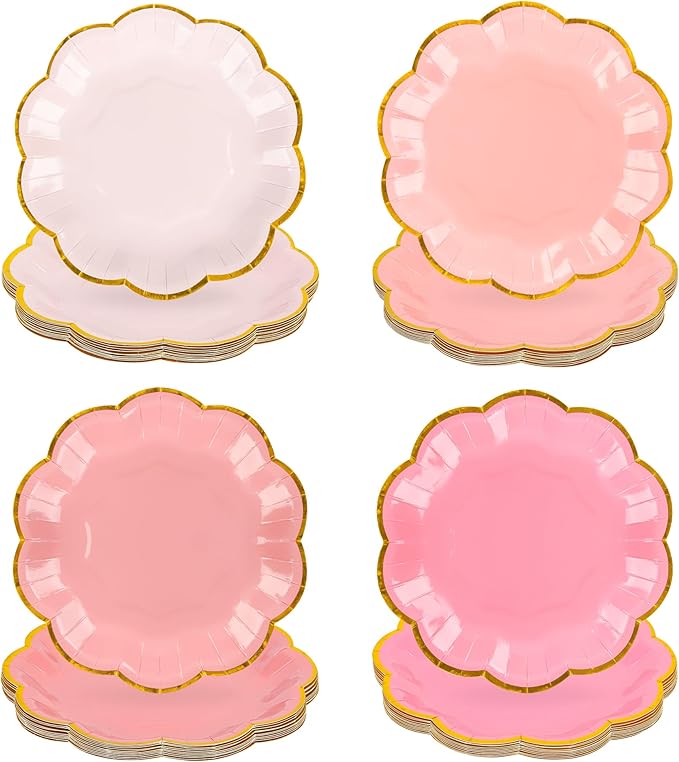 Pink Party Plates Gradient Pink Dessert Paper Plates 7inch Gold Foil Scalloped Edge Disposable Cake Plates for Tea Party Birthday Bridal Baby Shower Wedding Party Supplies (48)