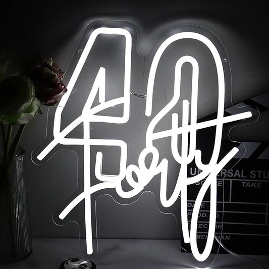 White Forty Neon Sign 40 Year Old Birthday Neon Sign Birthday Gift For 40 Year Old Woman Led Night Light For Wedding Engagement Banquet Anniversary Party Decor Gift For Girl Wife Lover(USB Sign)
