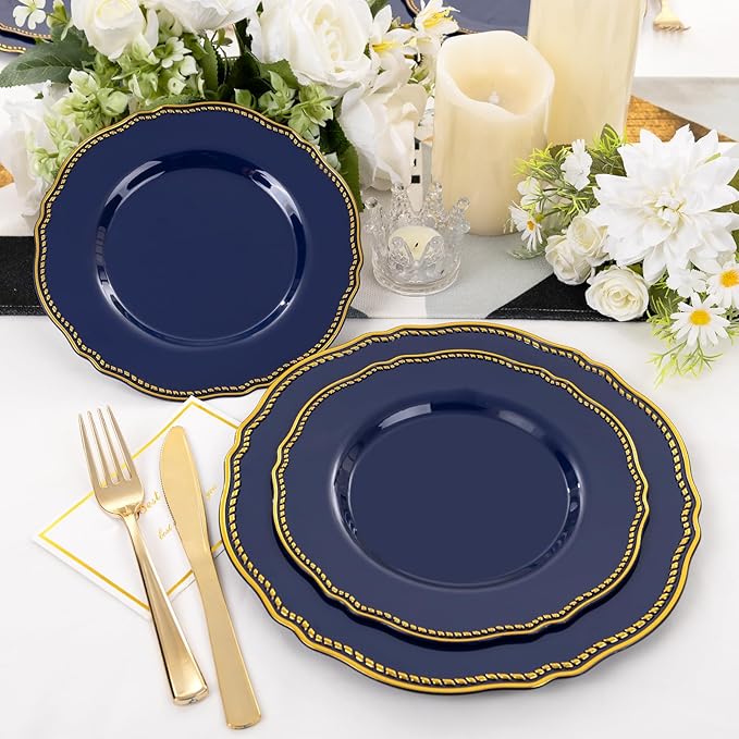 Hioasis 60pcs Blue Plastic Plates - Blue and Gold Disposable Dinnerware with Gold Rim, Heavy-duty, 10.25 inch, Dinner Plates for Party & Wedding