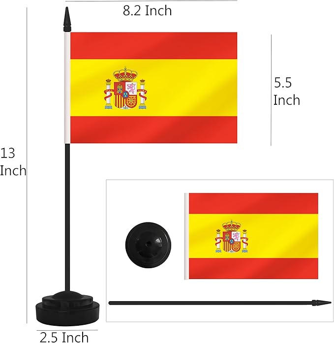2 Pack Spain Desk Flag Set, Spanish Desktop Small Miniature Table Office Flag with 12" Black Pole and Black Base, Offices, Classroom, Home, Festival Decoration (Spain)