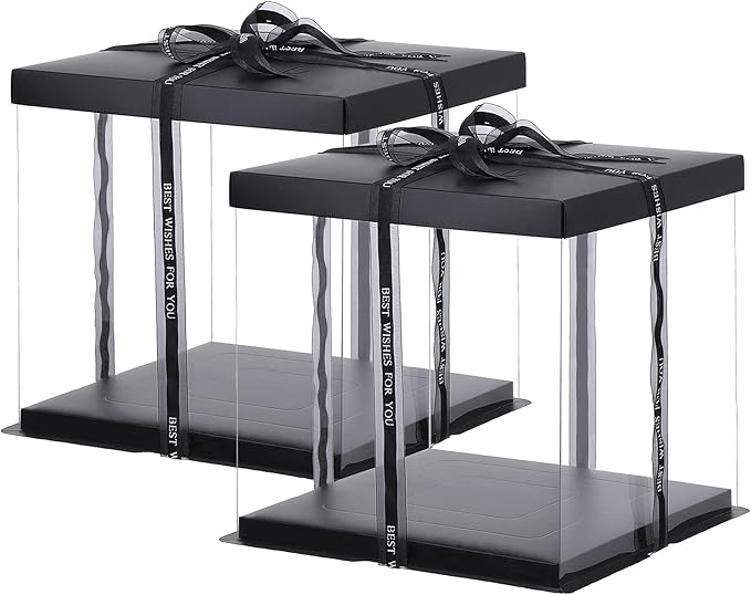 XININSUN 2Pcs Large Cake PET Clear Box, 10" X 10" X 9" with ribbon and pre-folded lid, for 8" cake packing carry, baking cookie display, Carry Tall Layer Gift, Festive Gift Box -Black
