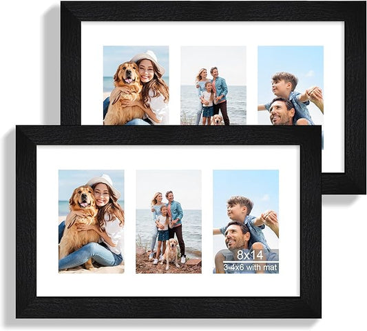 8x14 Picture Frame Set of 2, Rustic Black Wood Frame with Glass Collage Frame, Display Pictures 3-4x6 With Mat or 8 x 14 Without Mat - Horizontal or Vertical Wall Mounting