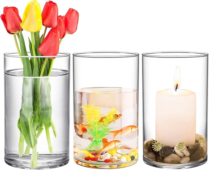 Frcctre 8 Pack 6 Inch Glass Cylinder Vases, Clear Glass Vases Floating Hurricane Candle Holders Flower Vase for Wedding Centerpieces and Home Decoration