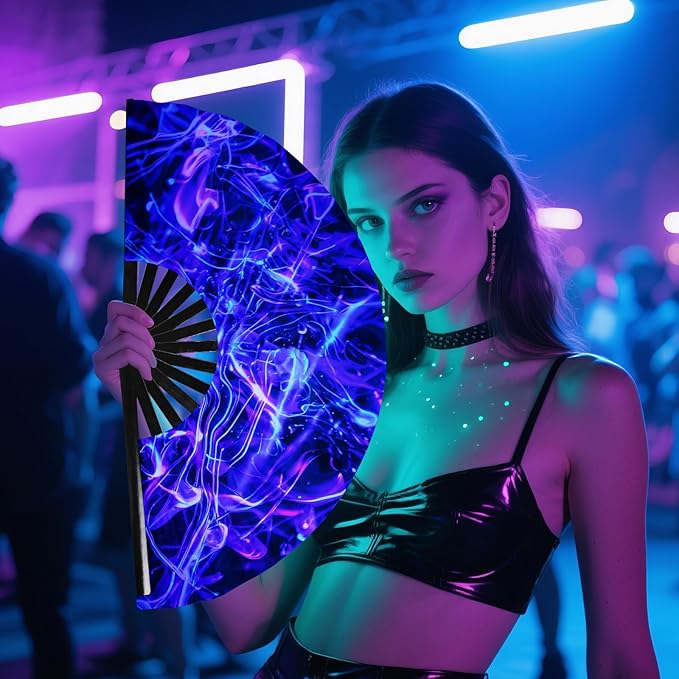 SYNTECSO Folding Hand Fan for Rave, Popping Fan for Line Dancing, Drag Queen, Women and Men Gift，Chinese Japanese UV Glow Clack Fan for Parties, Music Festivals, EDM and Decoration