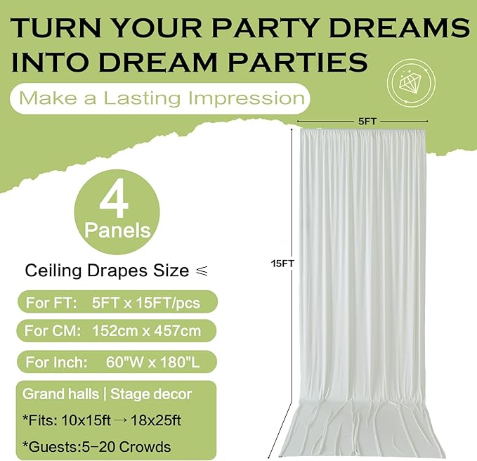 PartyVillage 20ft×15ft Ivory Backdrop Curtain for Wedding Parties, 4 Panels Wrinkle Free 15 FT Long Polyester Photo Backdrop Drapes Back Drop Cloth for Birthday Photography Background