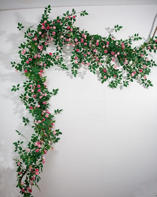 6FT Bendable Rose Vine Hanging Flower Garland Fake Floral Garland with Butterflies for Wall Decor Trellis Fence Home Room Decoration (Pink, 2pcs)