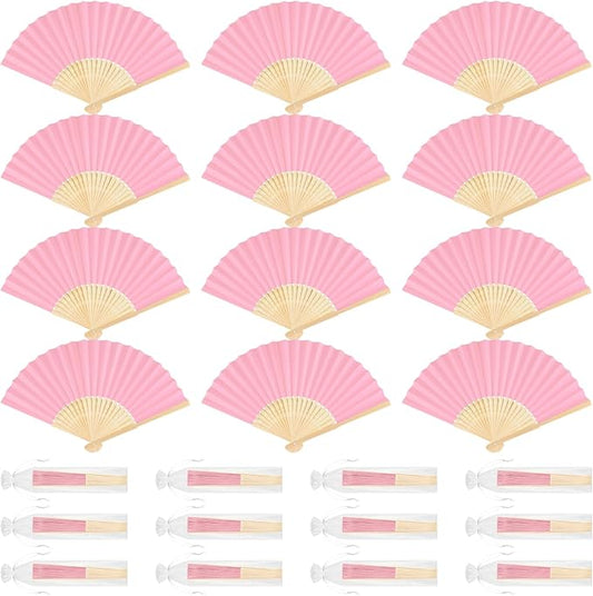 12 Pieces Pink Hand Held Bamboo Folding Fans Paper Fans Handheld for Women Foldable Girls Wedding DIY Decoration Church Home Party Favors Summer