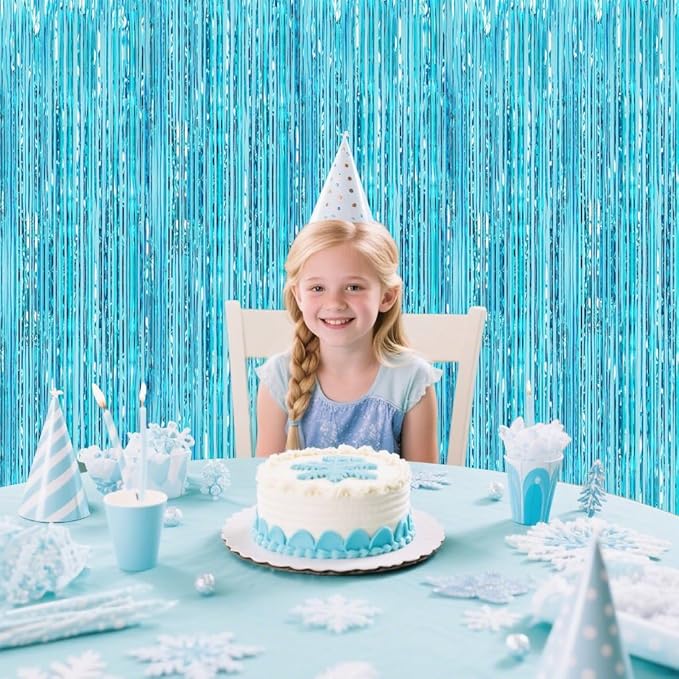 Light Blue Fringe Backdrop Party Decorations,2 Pack Teal Tinsel Foil Fringe Curtains Blue Streamers Backdrop for Ocean Themed Party Decorations,Baby Shower,Gender Reveal,Frozen Birthday Party Supplies