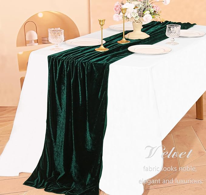 Velvet Table Runner 20 x 120 Inches 10ft Luxurious Thick Soft Velvet Christmas Thanksgiving Wedding Reception Table Runner for Party Reception Decorations(Emerald Green, 6 Pack)