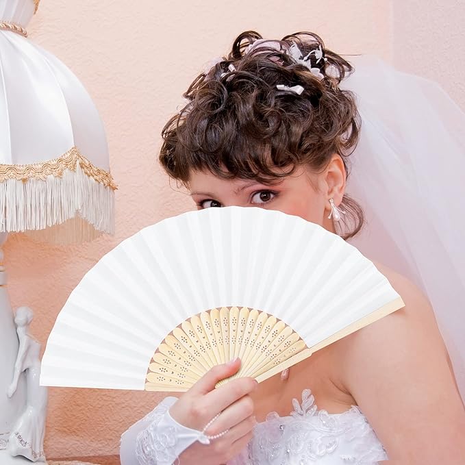 MCEAST 50 Pieces Silk Folding Fan with Bamboo Frames, Handheld Fan Folding Hand Fan Foldable Fan for Wedding Gifts, Party Favors, Home Decoration, White