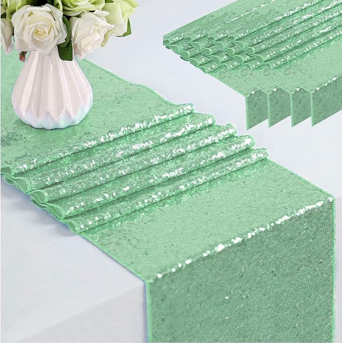 Eternal Beauty 5PCS-12X108 Mint Green Sequin Table Runner for Wedding, Decorations for Birthday Parties, Banquets, Graduations,Christmas