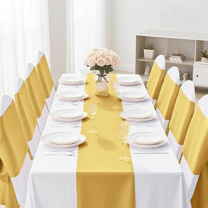 SHEJIZE 20 Pack Light Gold Satin Table Runner 12x108 Inches Long, Bright Silky Smooth Satin Table Runner Table Decor for Wedding Banquet Christmas Prom Event Birthday Party