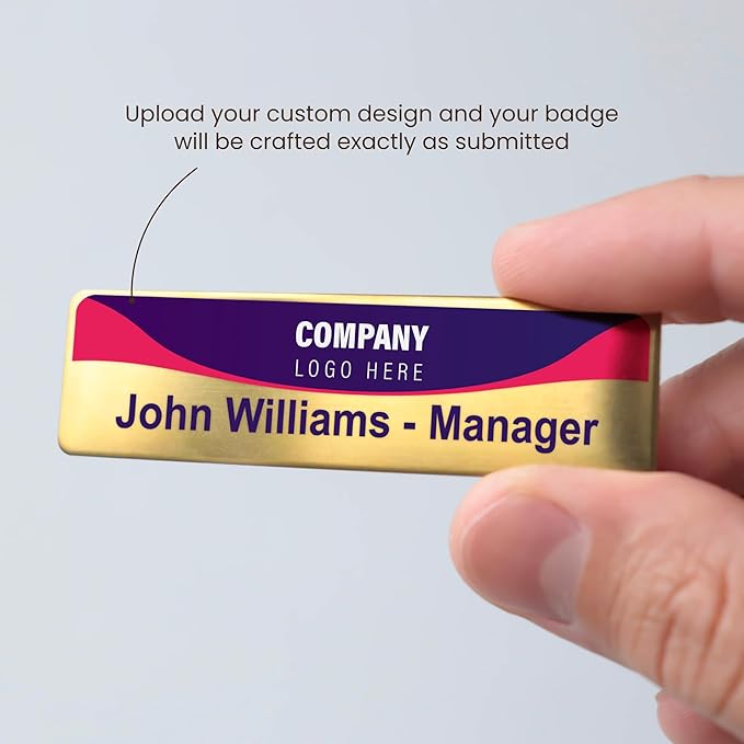 Personalized Name Tag Badges Identification Customized with Text & Logos, Acrylic Name ID for Clothing with Pin or Magnetic Backing, Gold & Silver Plates for Business or Employees (Your own Design)