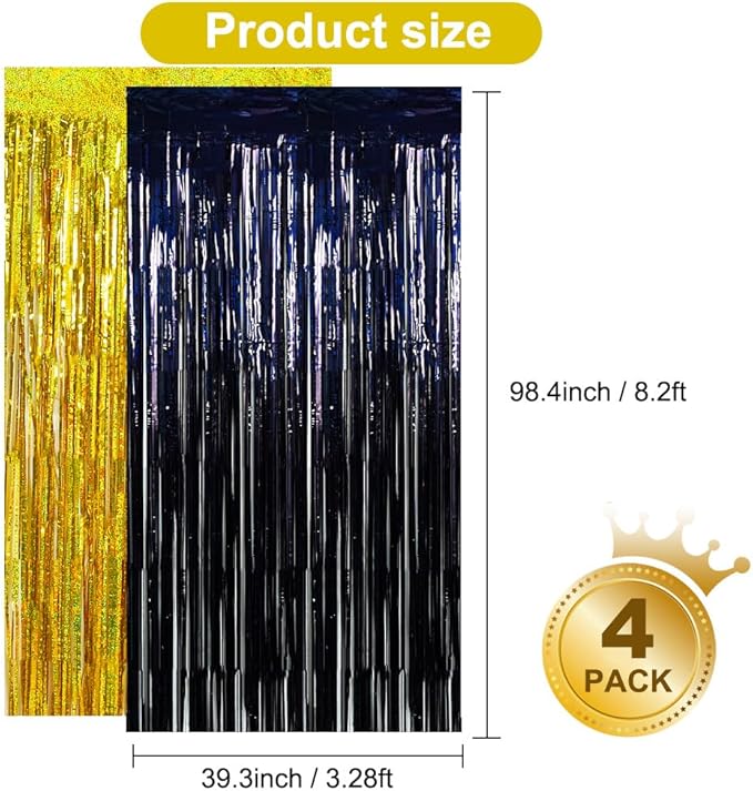 BEISHIDA 4 Pcs Black and Gold Party Streamers Fringe Foil Curtain Backdrop Tinsel Background Party Decoration for Door Wall Graduation Birthday Wedding Anniversary Christmas Party Decoration