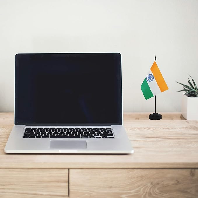 2 Pack India Desk Flag Set, Indian Desktop Small Miniature Table Office Flag with 12" Black Pole and Black Base, Offices, Classroom, Home, Festival Decoration (India)