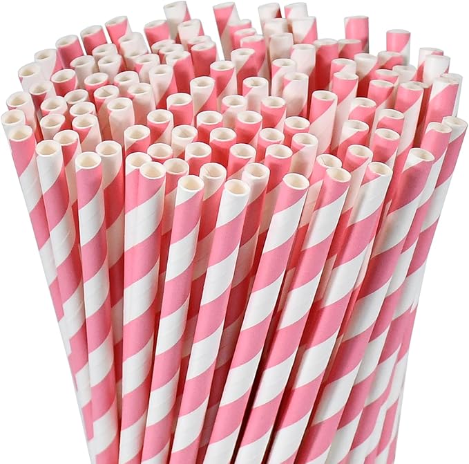 Pink White Striped Paper Drinking Straws 7.75 inch 100 Counts - for Cocktail, Party, Wedding, Baby Shower, Decoration, Crafts