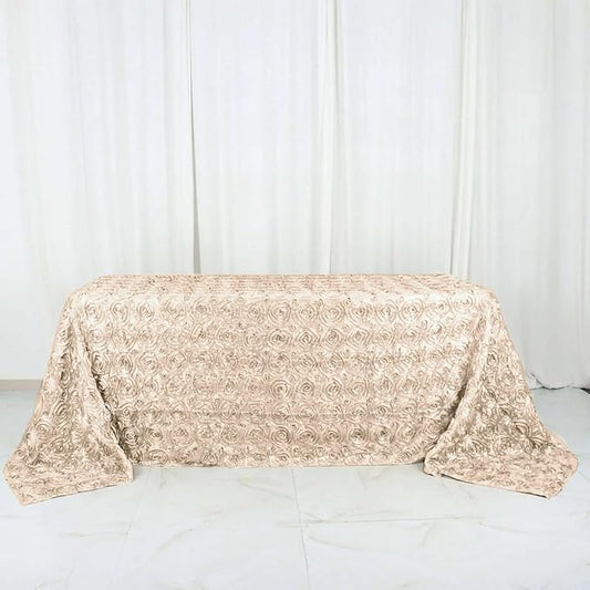 Efavormart 90"X132" Beige Grandiose 3D Rosette Satin Rectangle Tablecloth for Wedding Party Event