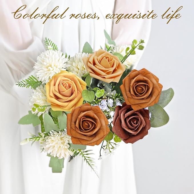 BLEUM CADE 16Pcs Artificial Flowers Fake Roses with Stems, Gradient Burnt Orange Boxed Foam Roses for DIY Bouquets Centerpieces Wedding Party Arrangement Bridal Shower Decor