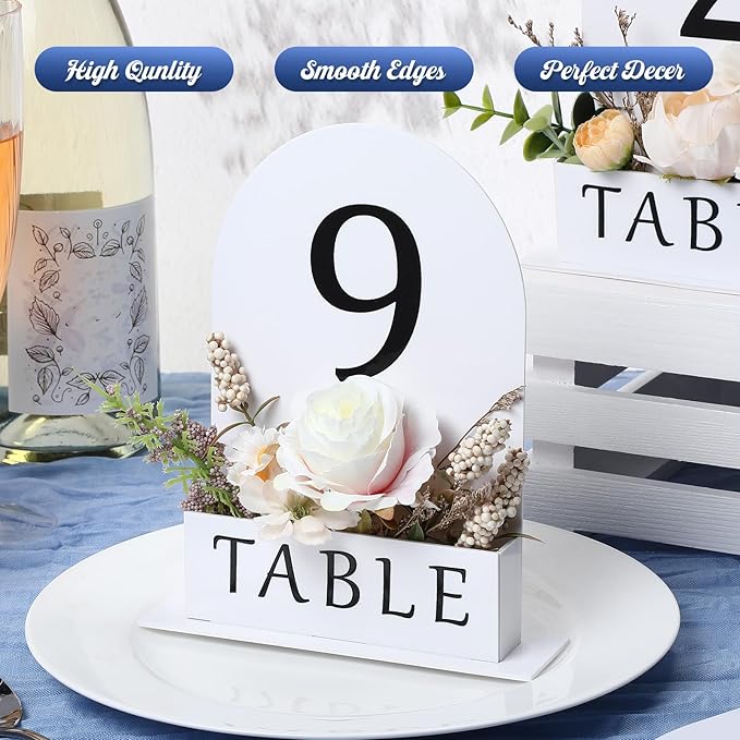Table Number 1-15 for Wedding Reception Arch Acrylic Wedding Table Number with Flower Trough 5" x 7" Mirrored Rustic Centerpiece for Reception Bridal Shower Party Catering Banquet(White)