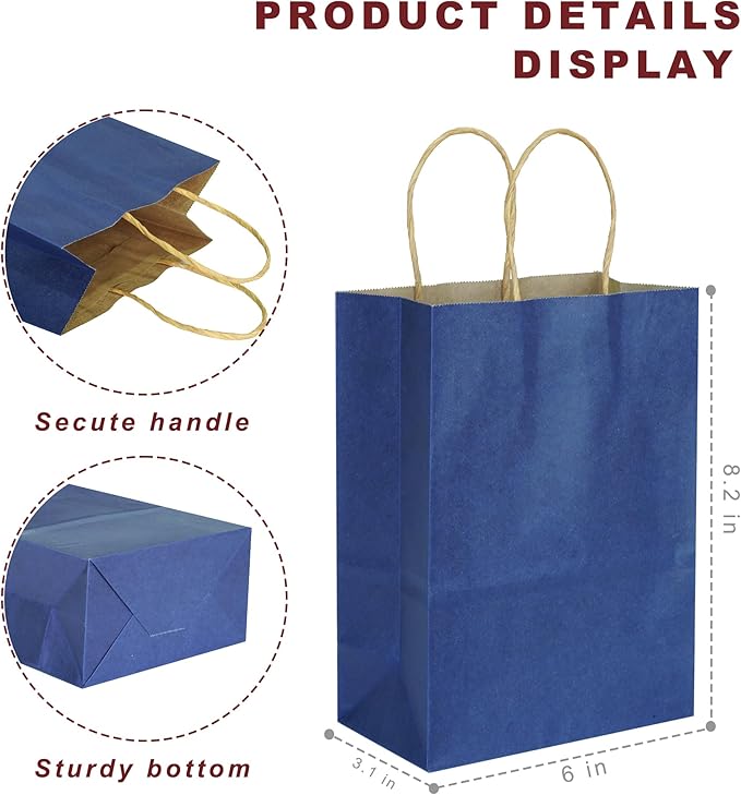 25 PCS Small Dark Blue Gift Bags Kraft Paper Bags with Handles for Party Favor (8.2 x 6 x 3.1 in)
