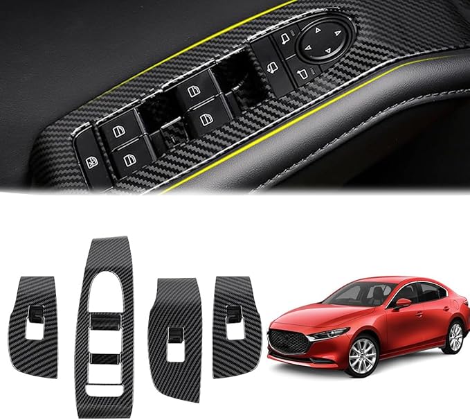 4pcs Carbon Fiber Style Front Rear Doors Window Glass Lift Switch Panel Cover Decorative Sticker Protection Car Interior Accessories for Mazda 3 2020-2025 KT12