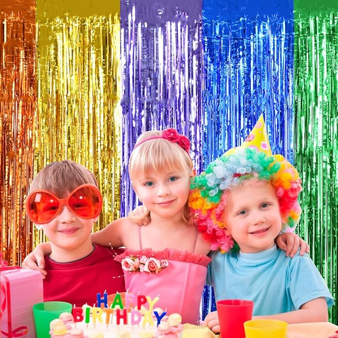 BEISHIDA 4 Pack Rainbow Streamers Fringe Foil Curtain Backdrop, Tinsel Curtain Wall Door Party Streamers for Birthday Party Decoration(3.28 ft x 6.56 ft)