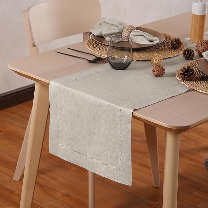 Linen Light Natural Table Runner 36 Inches - 100% Pure Linen Cloth Fabric Hemstitch Table Runner 14 x 36 Inch for Dining, Dresser, Thanksgiving, Fall Christmas - Lino