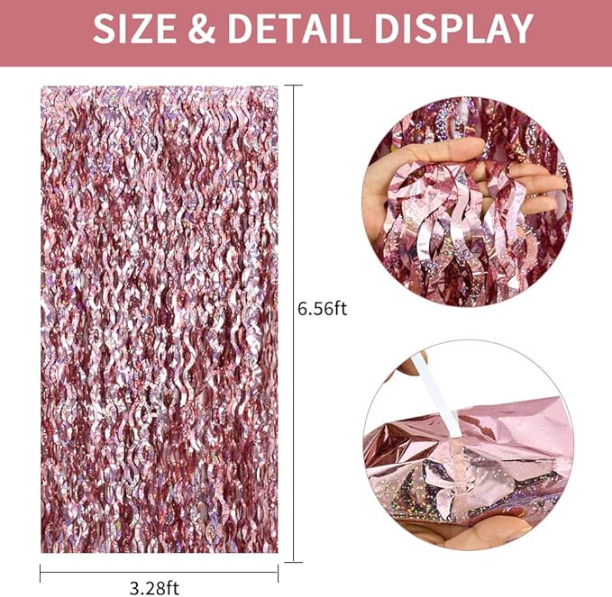 TONIFUL 3Pcs Wavy Metallic Tinsel Foil Fringe Curtains Rose Gold Streamer Backdrop for Photo Booth Props,Party Door Wall Curtain,Bachelorette,Birthday,Anniversary,Bridal Shower Decor (9.9ft x 6.6ft)