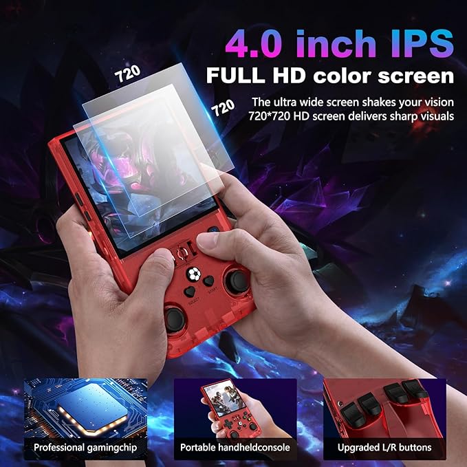 R36MAX Retro Handheld Game Console, 4.0 Inch 720x720 IPS Screen, Built-in 18,000+ Classic Game, Portable Hand Held Open Source Linux System, 4000mAh Battery Retro Gaming Console (Red 64GB)