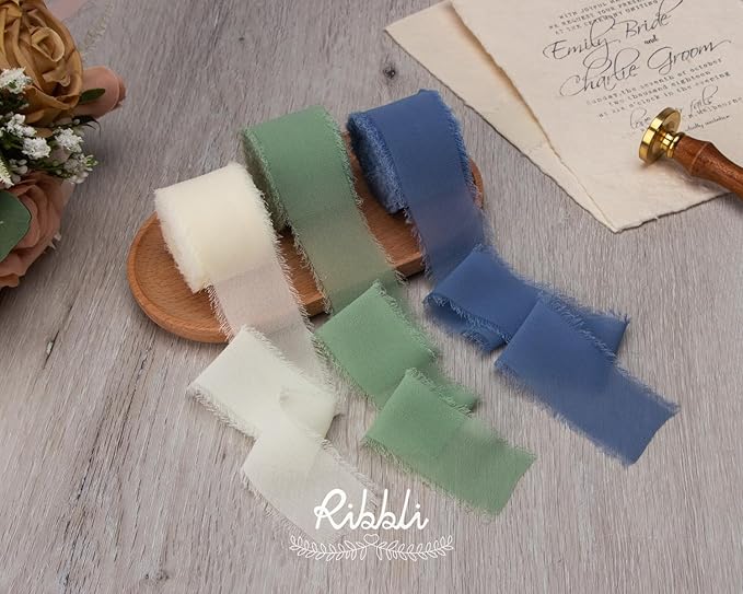Ribbli Chiffon 1.5 Inch x 30 Yard Handmade Silk Ribbon - Ivory/Sage Green/Dusty Blue Fringe for Wedding Invitations, Bridal Bouquets, Wrapping, Flower Arrangement Decoration