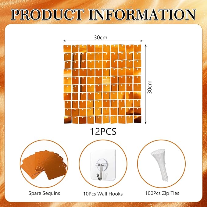 12PCS Orange Shimmer Wall Backdrop, Square Sequin Photo Backdrops Panel, Glitter Wall Background for Birthdays, Weddings, Halloween, Thanksgiving, Disco Bachelorette Party Decoration (3FTx4FT)