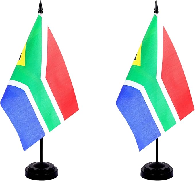 South Africa Desk Flag 12" Solid Pole Deluxe Set South African Flags Banner Mini Small South Africa Office Table Flags with Black Stand Base Desktop Decorations(2Pack)