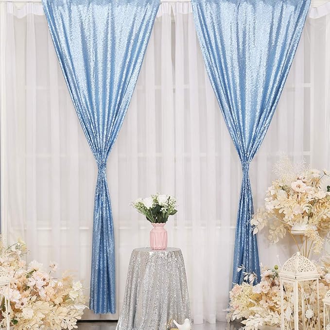 Eternal Beauty Baby Blue Sequin Backdrop Curtains, Shimmer Back Drop 2Panels-2FTx8FT for Christmas, Party, Birthday, Photography, Wedding, Baby Shower Event Decoration