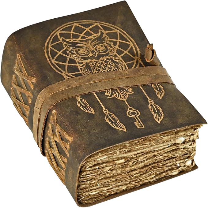 Urooj Handicraft 400 Page Book Of Shadows journal blank dream catcher with owl leather witchcraft books grimoire spell sketchbook college poetry personal notebooks (Owl 2)