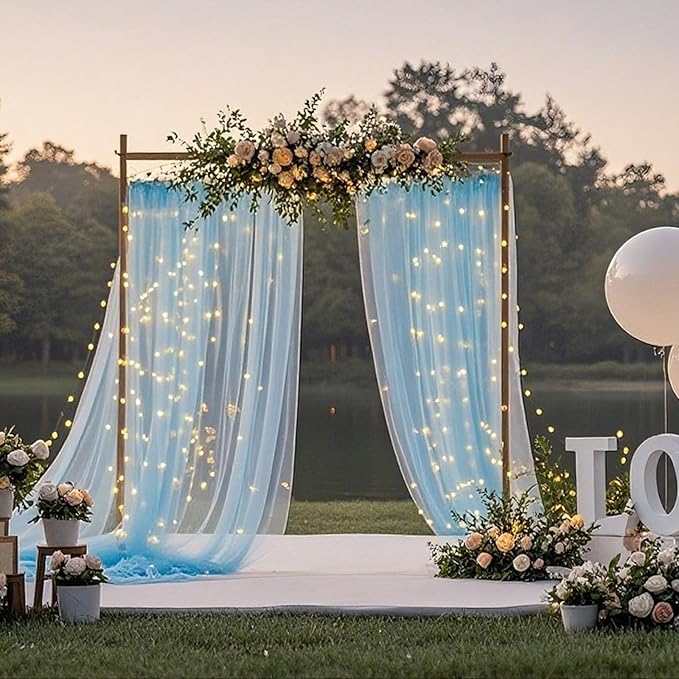 Ledido 10×10ft Tulle Backdrop Curtains with Lights String - 300LED Fairy Lights Sheer Curtain Backdrop for Weddings Baby Shower and Birthday Party Decorations(2 Panels 5×10ft)