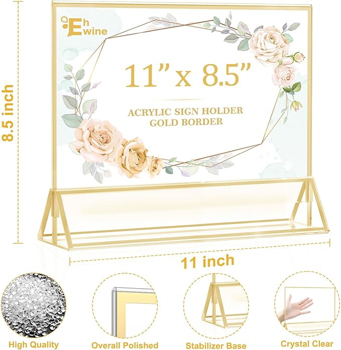 EHWINE 4 Pack Acrylic Sign Holder 8.5 x 11 Horizontal, Double-Sided Stand up Table Top Sign Holders, Gold Acrylic Picture Frame Menu Flyer Paper Holder Display Stand for Office Business Store Wedding Party