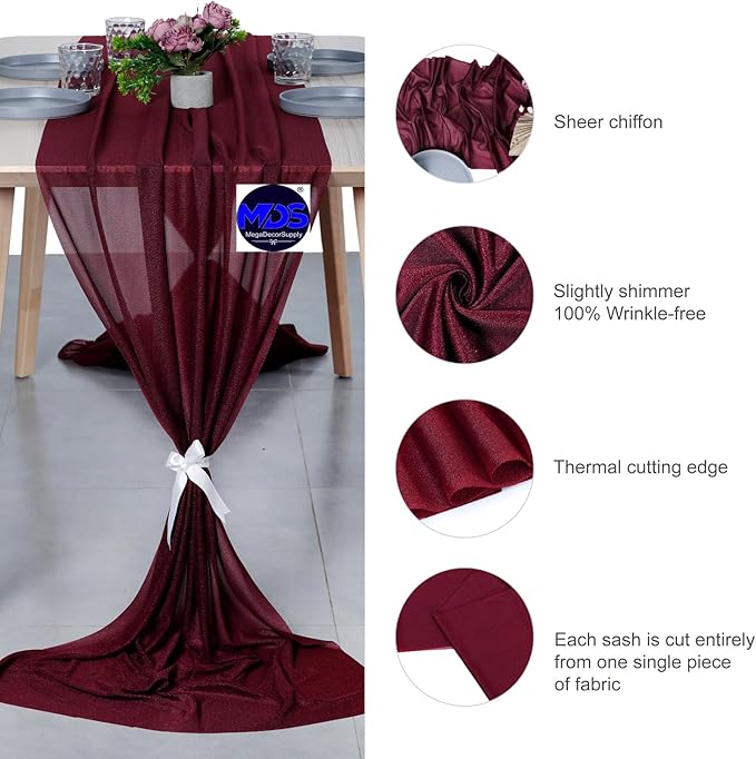 MDS Halloween Chiffon Table Runner - 20 Pack, 29 x 170 Inches, 14ft Each - Sheer Spooky Table Runners for Haunted House Parties, Trick-or-Treat Tables, Witchy Décor, Wedding & Events - Burgundy