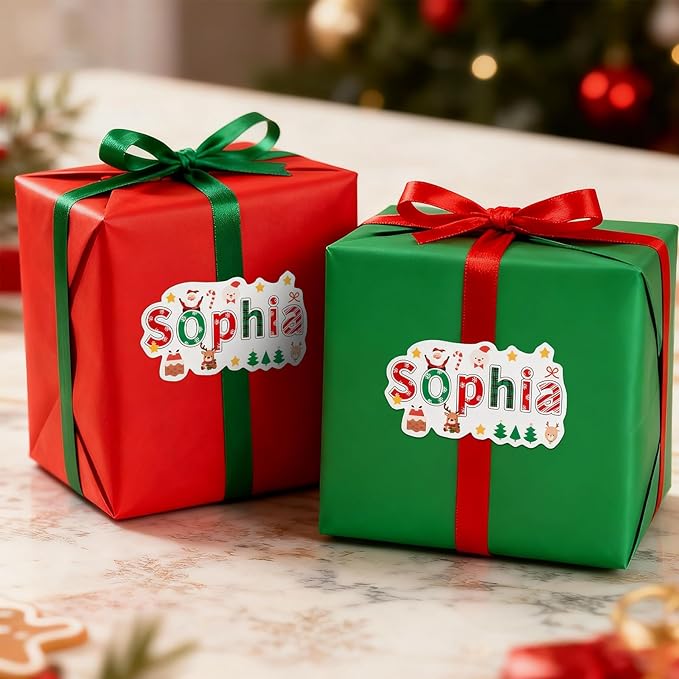 Personalized Christmas Name Tag Stickers, Custom 28 Pcs Christmas Theme Tags Stickers for Gifts Box Wrapping, Xmas Gifts Decorations for Family Friends