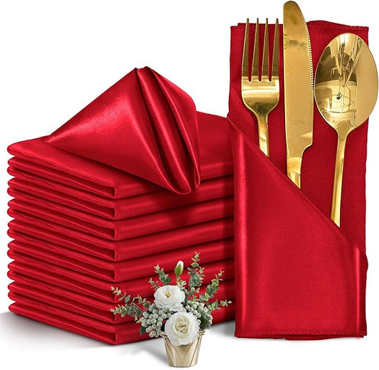12 Pieces Red Satin Napkins, 17" x 17" Square Table Napkins, Silky Soft Smooth Washable Napkins for Restaurant, Weddings, Dinner, Party Decoration