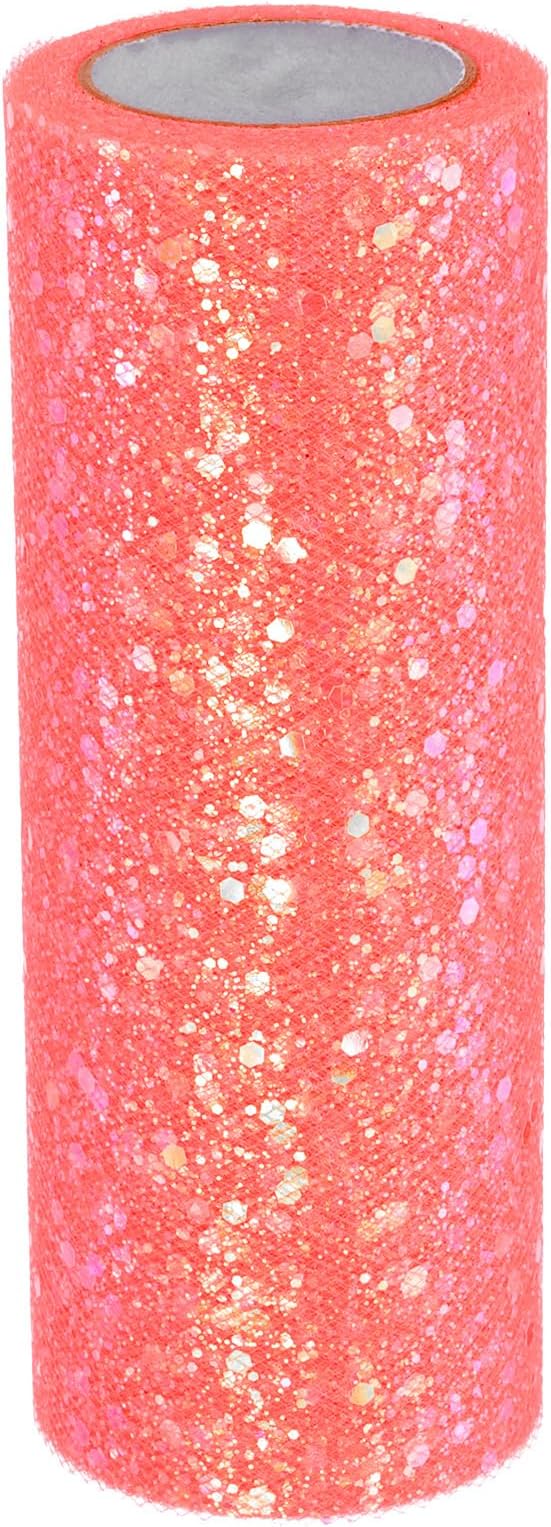 PATIKIL Tulle Fabric Rolls, 6 Inch by 10 Yards Fabric Spool Tulle Sparkling Ribbon Netting Sequin for DIY Tutu Skirts Crafts Wedding Party Decorations, Orange-red