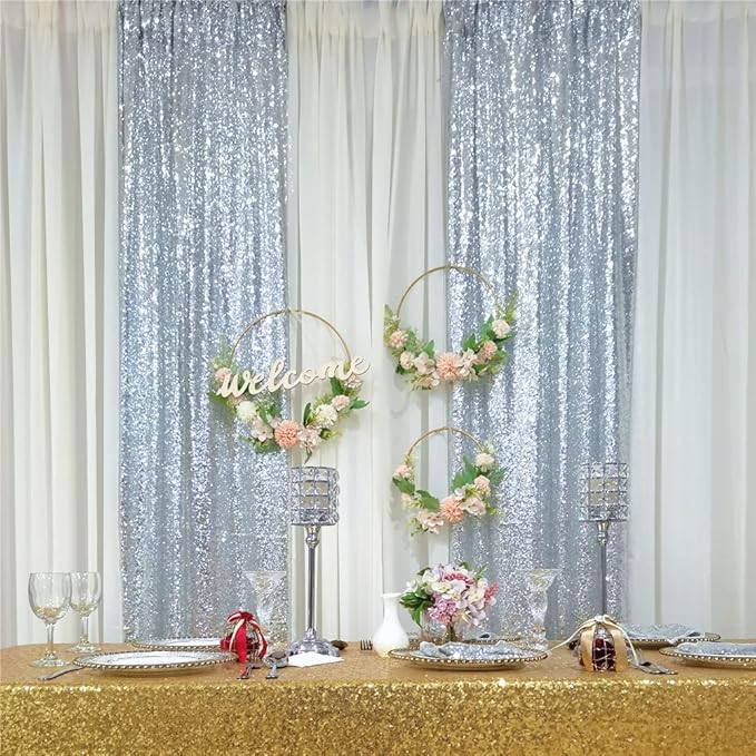SquarePie Sequin Curtain 2FT x 8FT Silver 2pcs Backdrop Background for Wedding Party Christmas