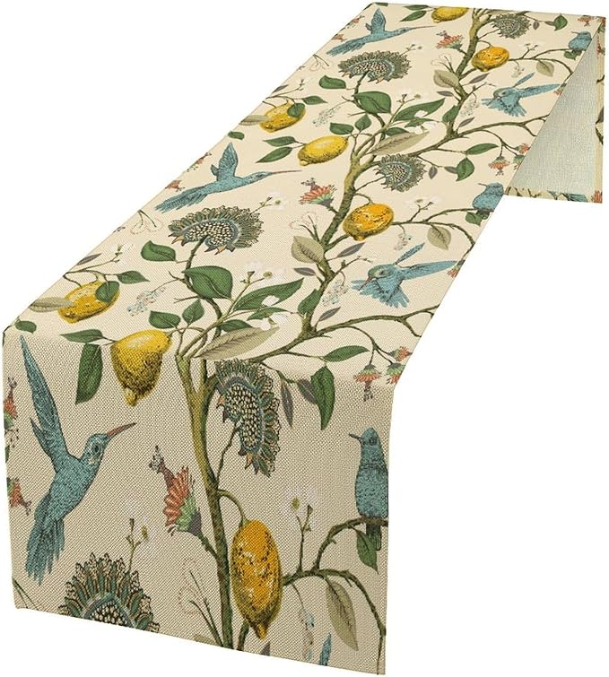 Table Runner with Flowers and Birds, Spring Plant Flowers Table Decoration Linen Table Runner Family Party Party Decorations 13x108 Inches