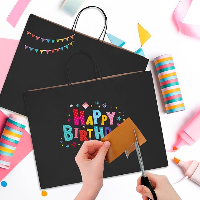 MESHA Large Black Paper Bags with Handles 16x6x12 Inch 25 Pack Paper Shopping Bags Large Gift Bags Craft Bag Kraft Bag for Small Business