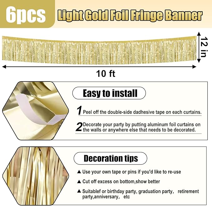 6 Pack 10 Feet Light Gold Foil Fringe Garland Metallic Tinsel Streamers Banner Wall Hanging Curtain Backdrop for Parade Floats, Birthday, Graduate, Mother's Day, Wedding Party Decoration